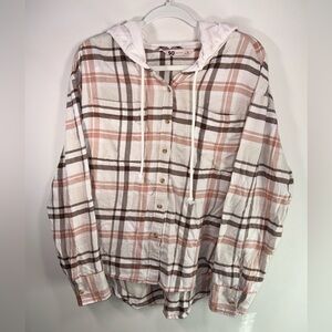 SO Womens Plaid Hooded Button-Up High Low Shirt in White, Blush & Brown Size XL